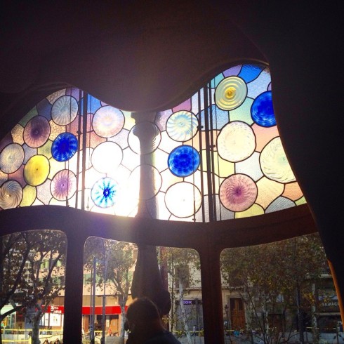 Incredible stained glass in extraordinary windows of the main living room of Casa Batllo.